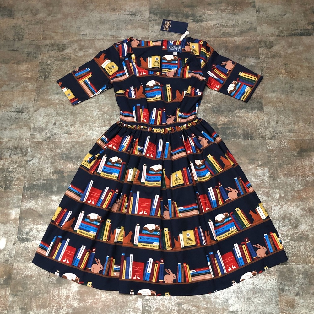 NWT ModCloth Collectif Bookshelf & Cat Swing Dress